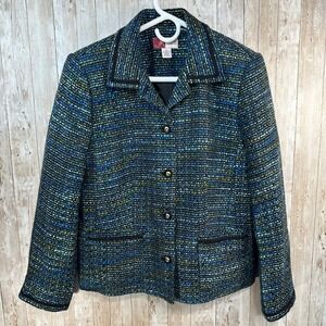 JM Collection‎ By Jennifer Moore Blue Green Black Tweed Jacket Blazer Size 6
